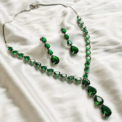 Green Emerald Cubic Zircon Stones Silver Plated Necklace Set