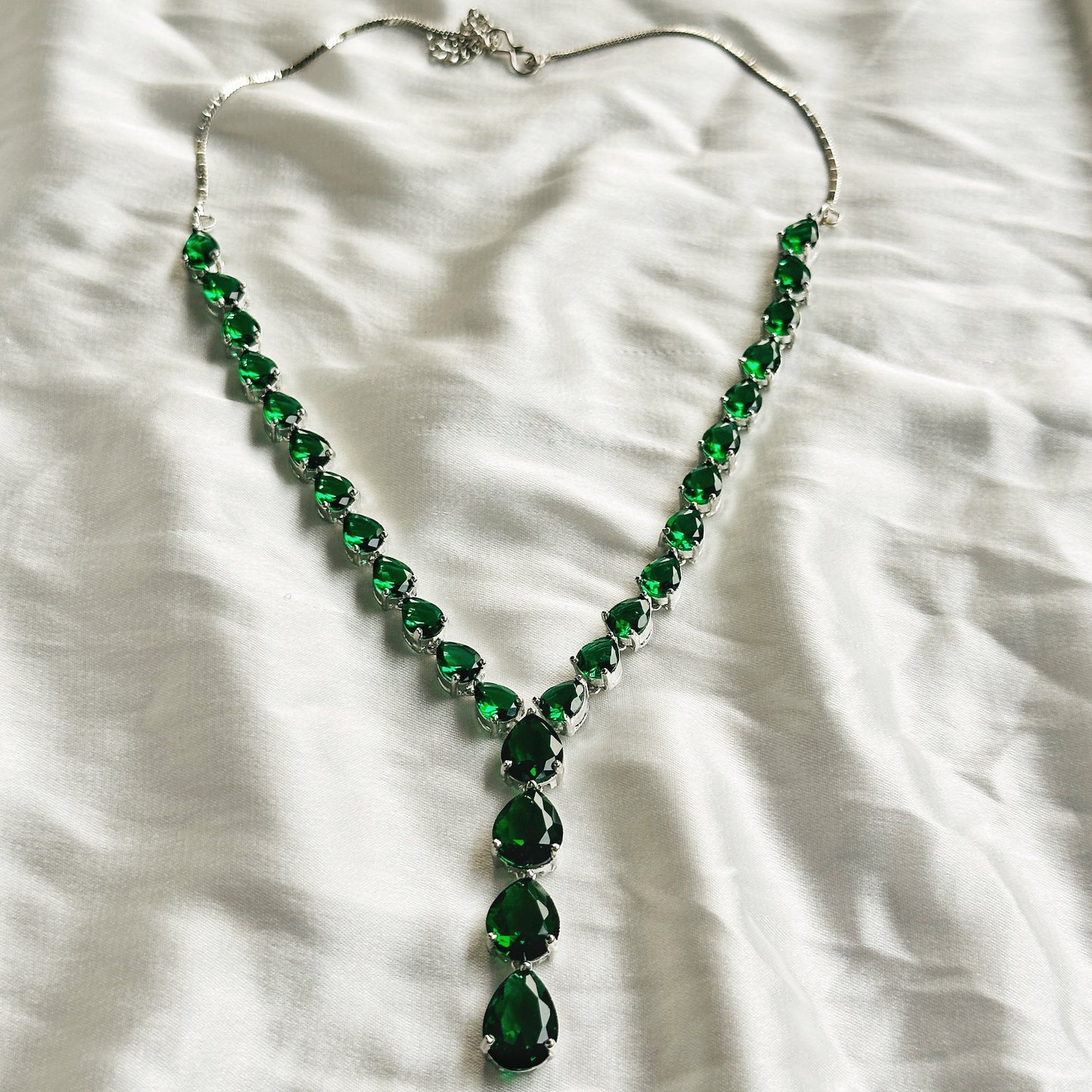 Green Emerald Cubic Zircon Stones Silver Plated Necklace Set