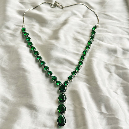 Green Emerald Cubic Zircon Stones Silver Plated Necklace Set