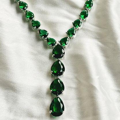 Green Emerald Cubic Zircon Stones Silver Plated Necklace Set