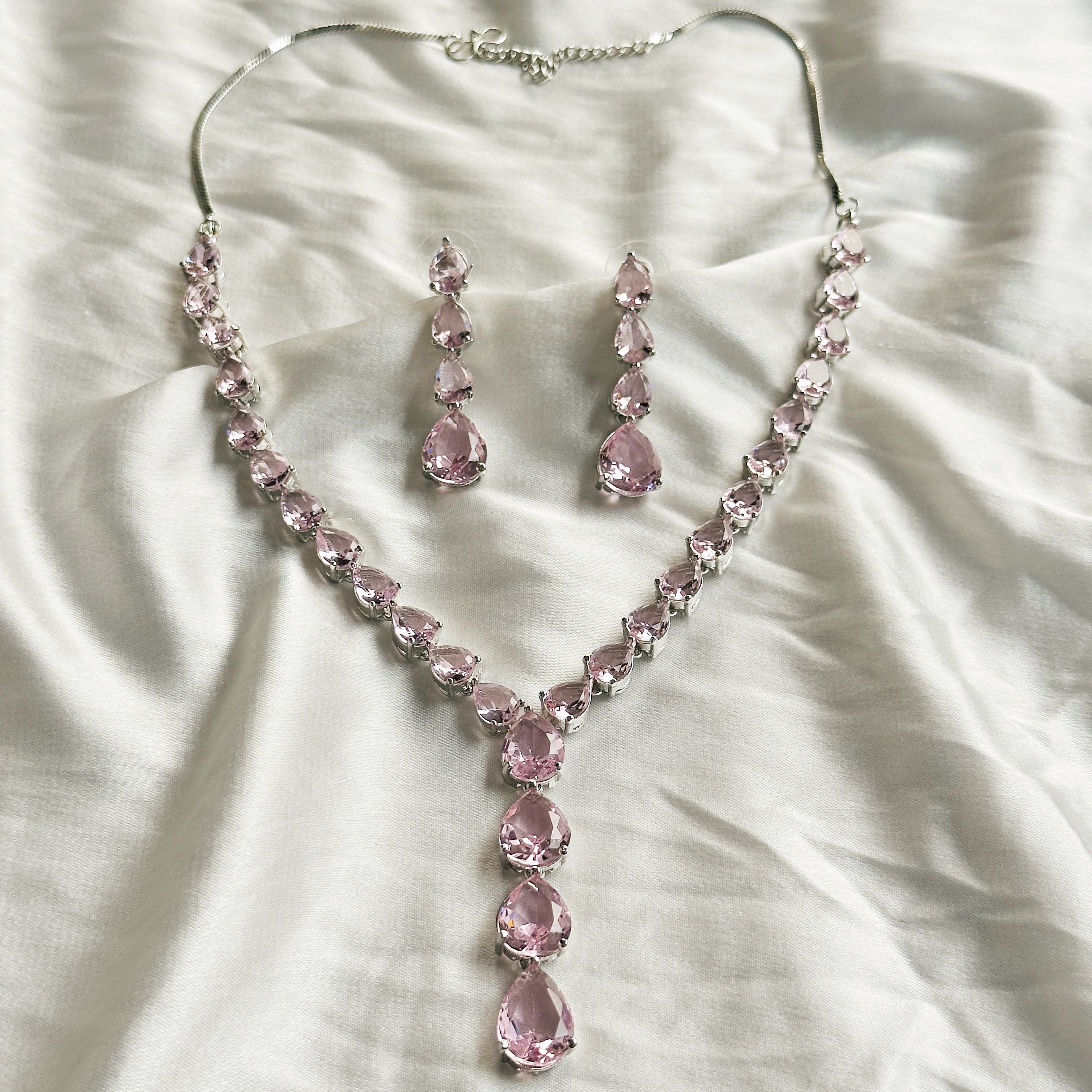 Pink Topaz Cubic Zircon Stones Silver Plated Necklace Set