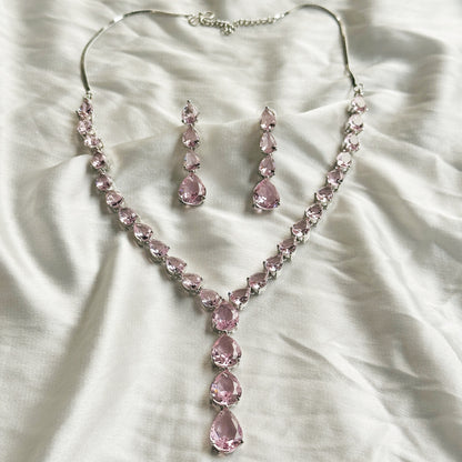 Pink Topaz Cubic Zircon Stones Silver Plated Necklace Set