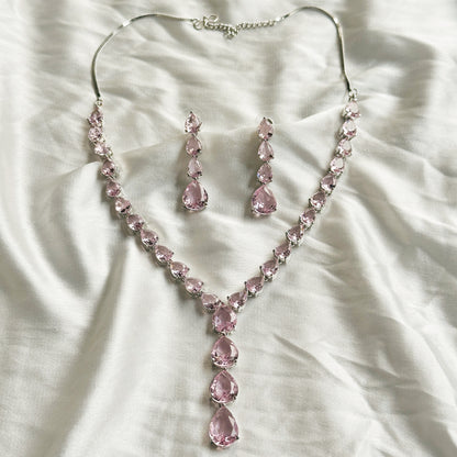 Pink Topaz Cubic Zircon Stones Silver Plated Necklace Set