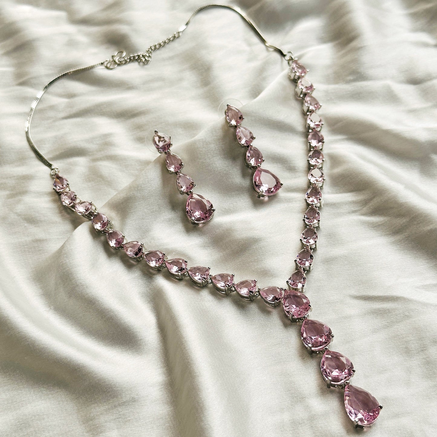 Pink Topaz Cubic Zircon Stones Silver Plated Necklace Set