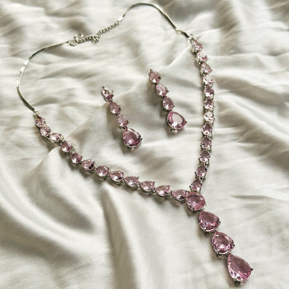 Pink Topaz Cubic Zircon Stones Silver Plated Necklace Set