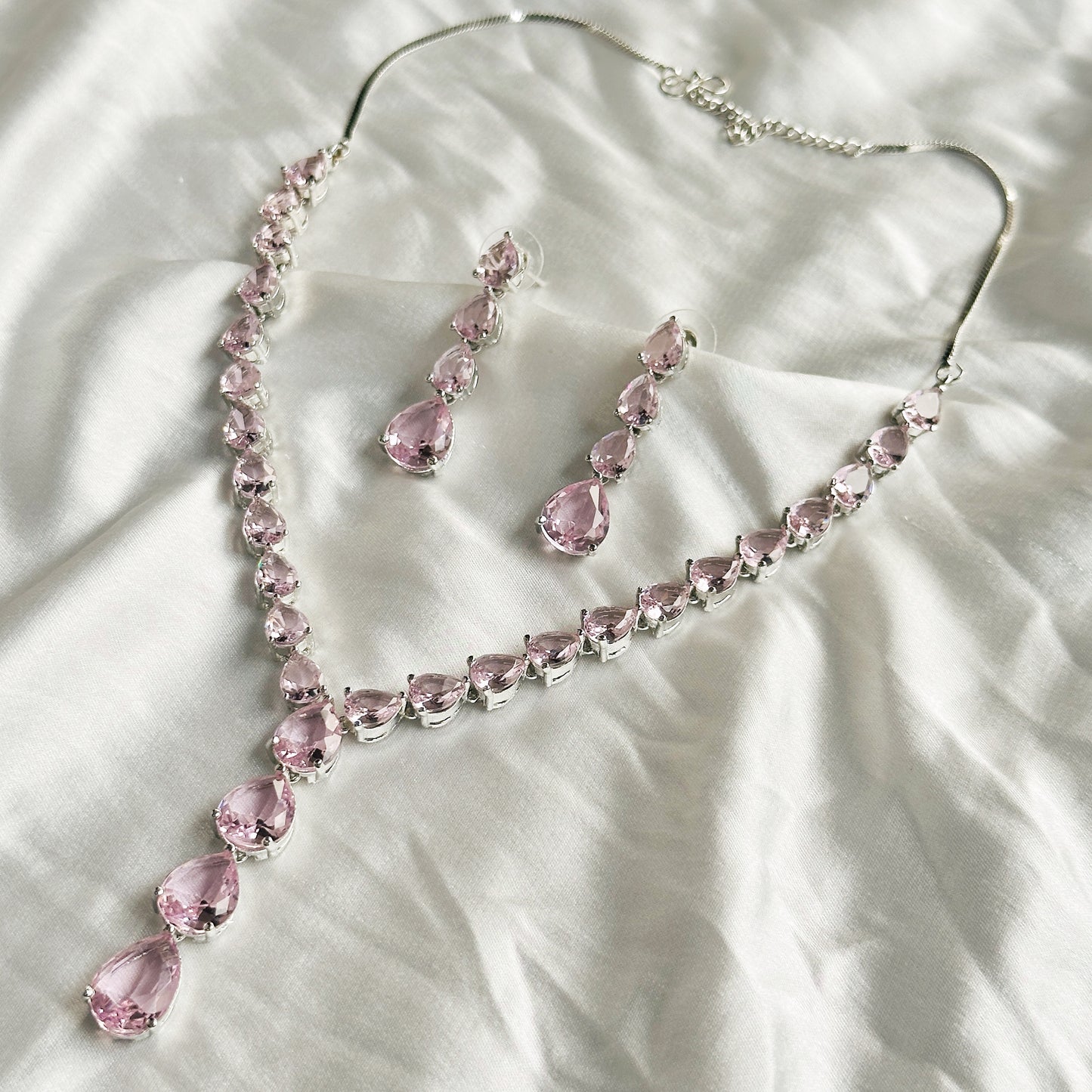 Pink Topaz Cubic Zircon Stones Silver Plated Necklace Set