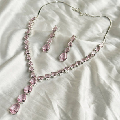 Pink Topaz Cubic Zircon Stones Silver Plated Necklace Set