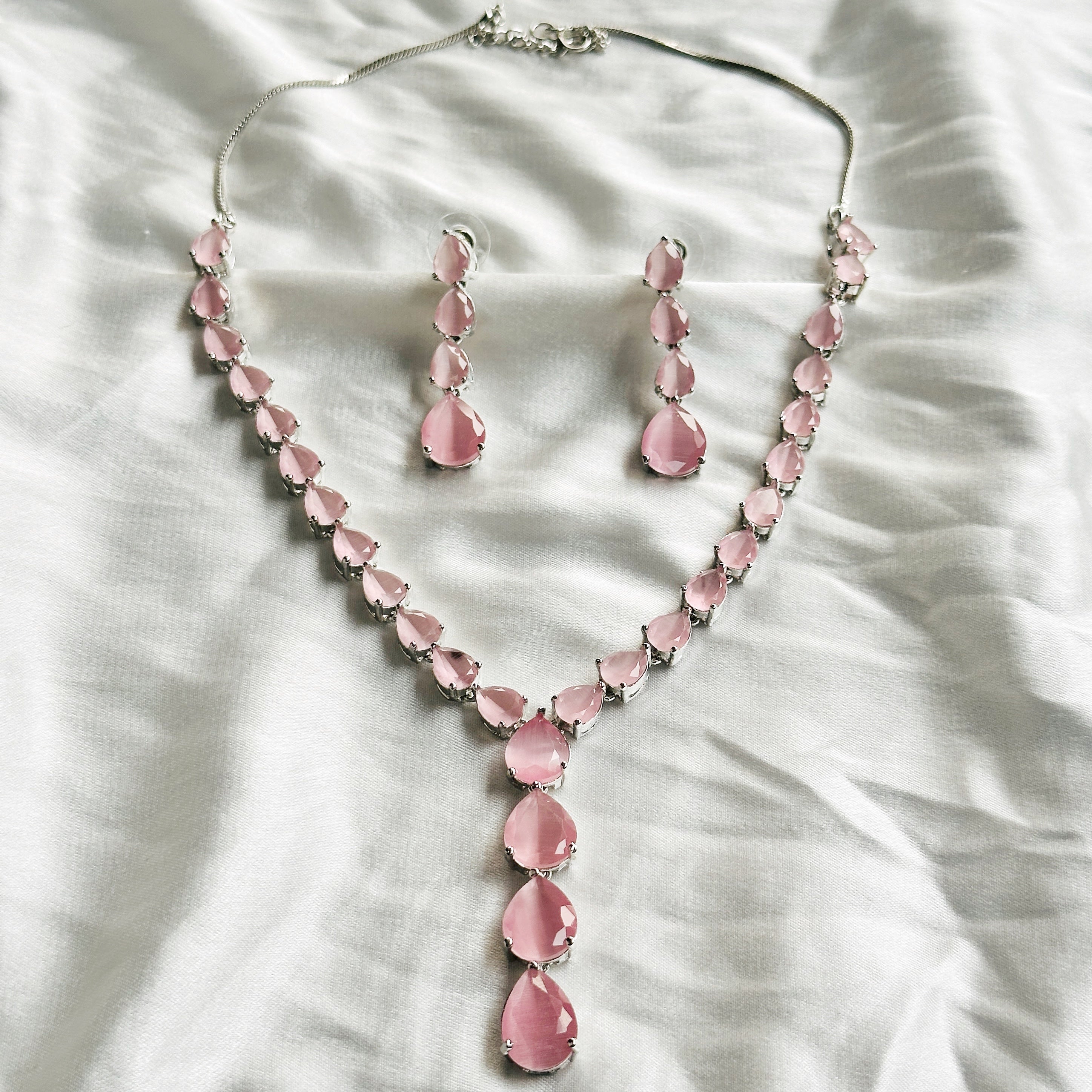 Pink Topaz Zircon Stones Silver Plated Necklace Set