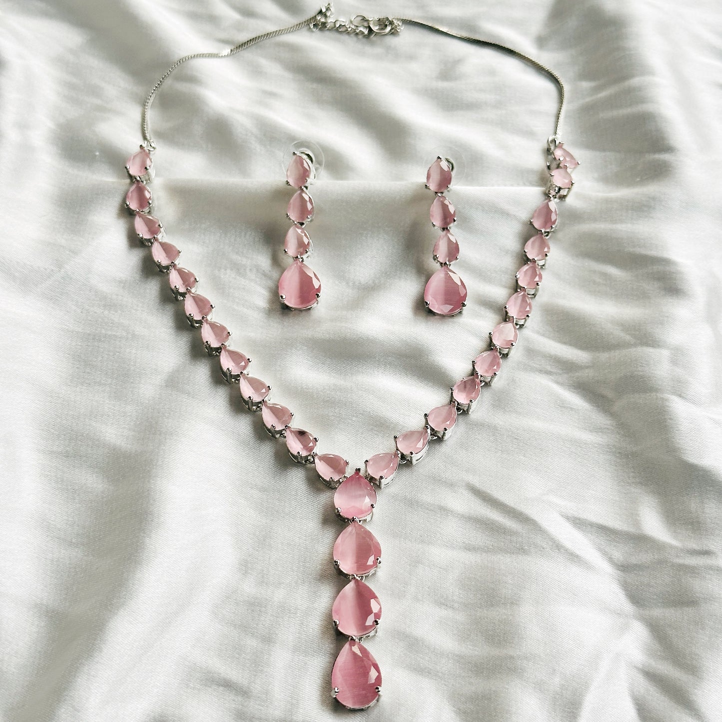 Pink Topaz Zircon Stones Silver Plated Necklace Set