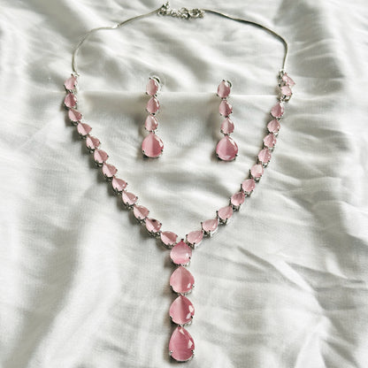 Pink Topaz Zircon Stones Silver Plated Necklace Set