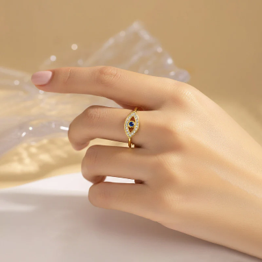 Evil Eye American Diamond Gold Plated Anti-Tarnish Adjustable Ring