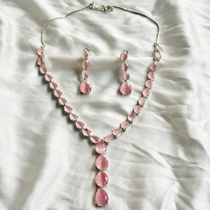 Pink Topaz Zircon Stones Silver Plated Necklace Set