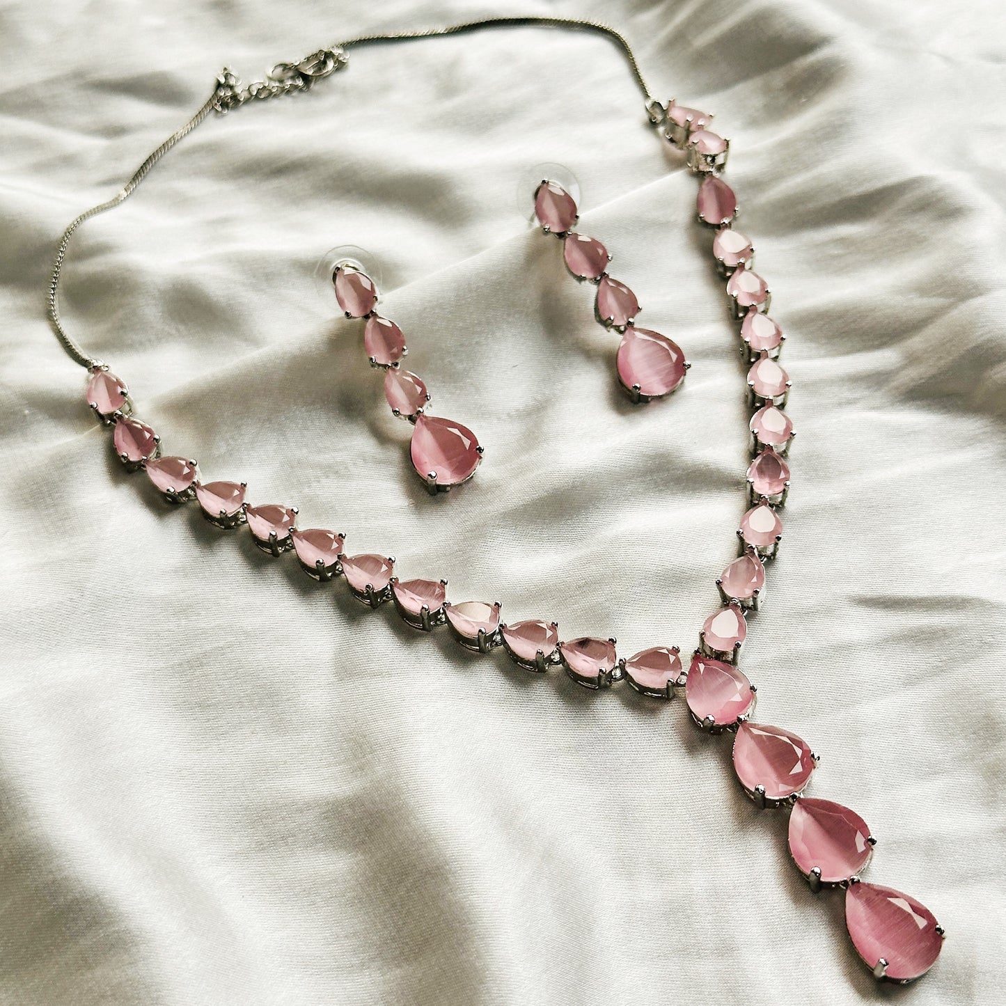 Pink Topaz Zircon Stones Silver Plated Necklace Set