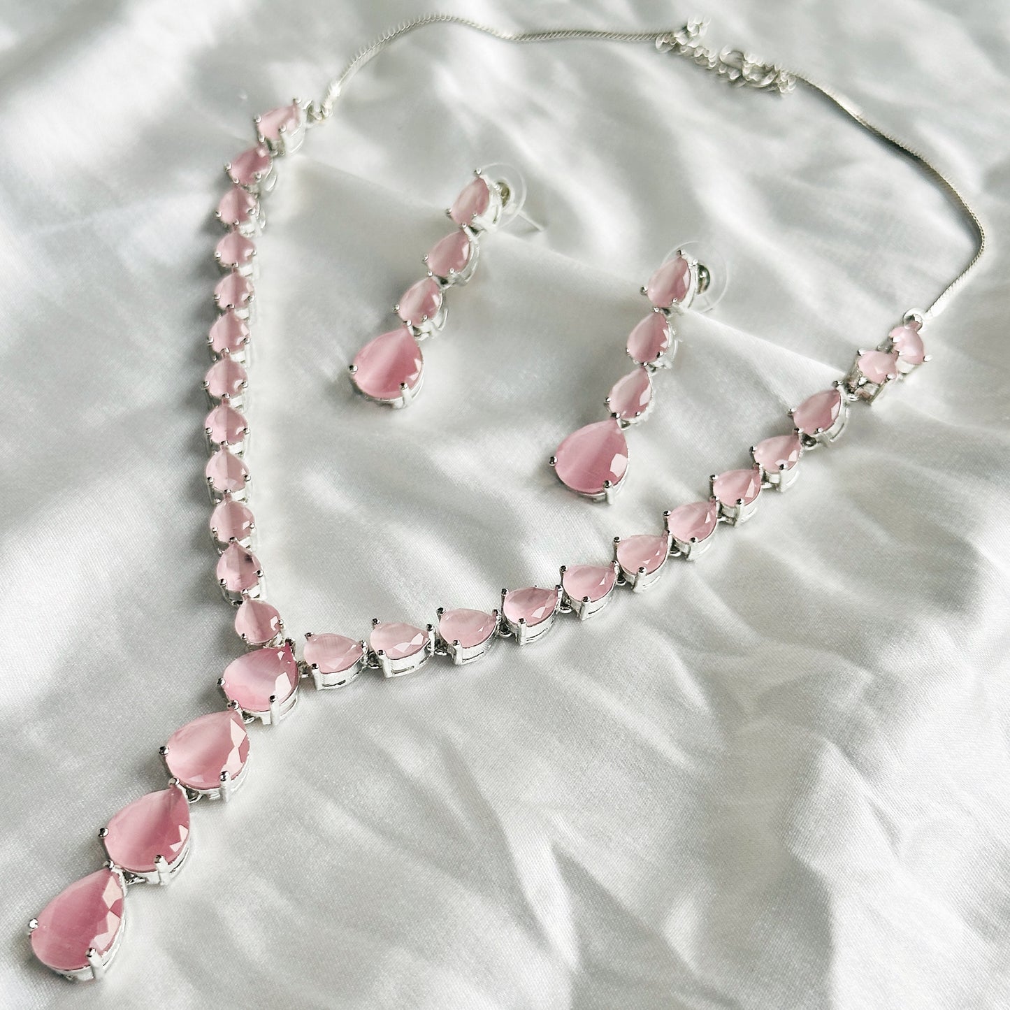 Pink Topaz Zircon Stones Silver Plated Necklace Set