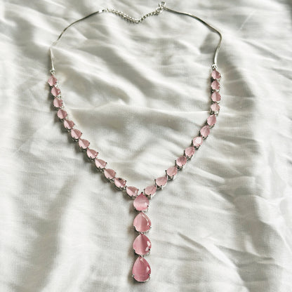 Pink Topaz Zircon Stones Silver Plated Necklace Set