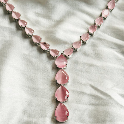 Pink Topaz Zircon Stones Silver Plated Necklace Set