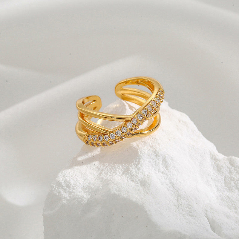 Asymmetric American Diamond Gold Plated Adjustable Ring
