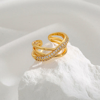 Asymmetric American Diamond Gold Plated Adjustable Ring