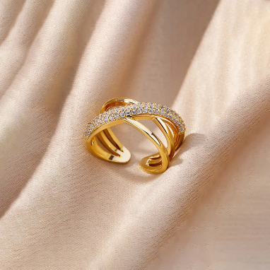 Asymmetric American Diamond Gold Plated Adjustable Ring
