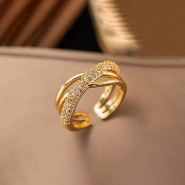 Asymmetric American Diamond Gold Plated Adjustable Ring