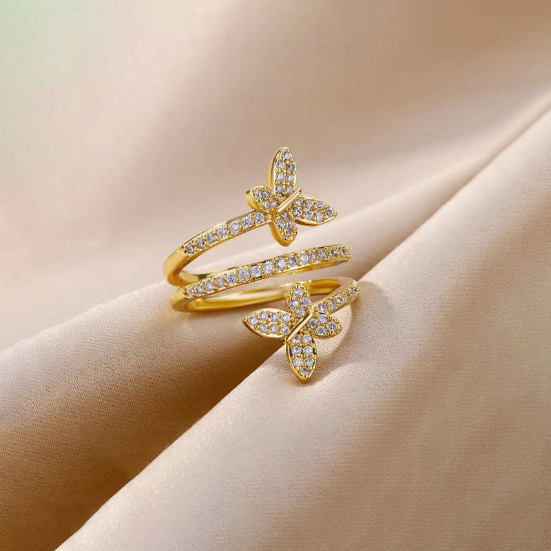 Butterfly American Diamond Gold Plated Adjustable Ring