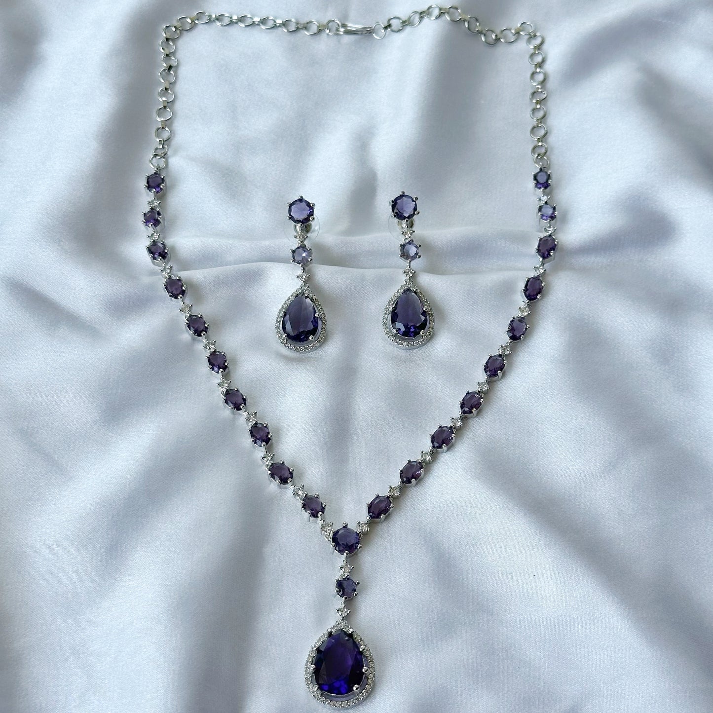 Deep Purple Amethyst Cubic Zircon Stone American Diamond Silver Plated Necklace Set