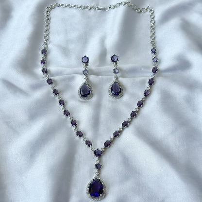 Deep Purple Amethyst Cubic Zircon Stone American Diamond Silver Plated Necklace Set