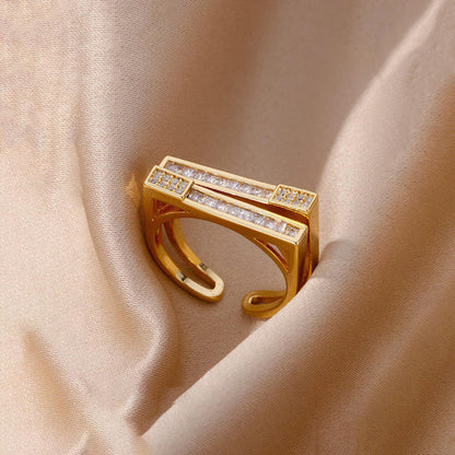 Asymmetric American Diamond Gold Plated Adjustable Ring