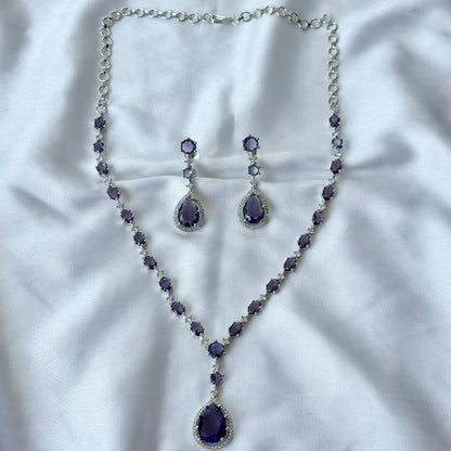 Deep Purple Amethyst Cubic Zircon Stone American Diamond Silver Plated Necklace Set