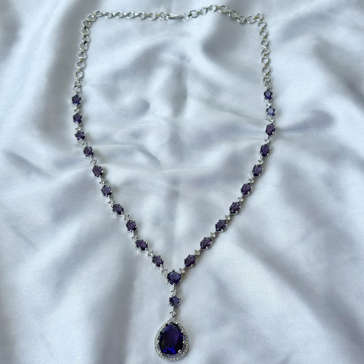 Deep Purple Amethyst Cubic Zircon Stone American Diamond Silver Plated Necklace Set