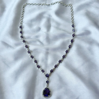 Deep Purple Amethyst Cubic Zircon Stone American Diamond Silver Plated Necklace Set