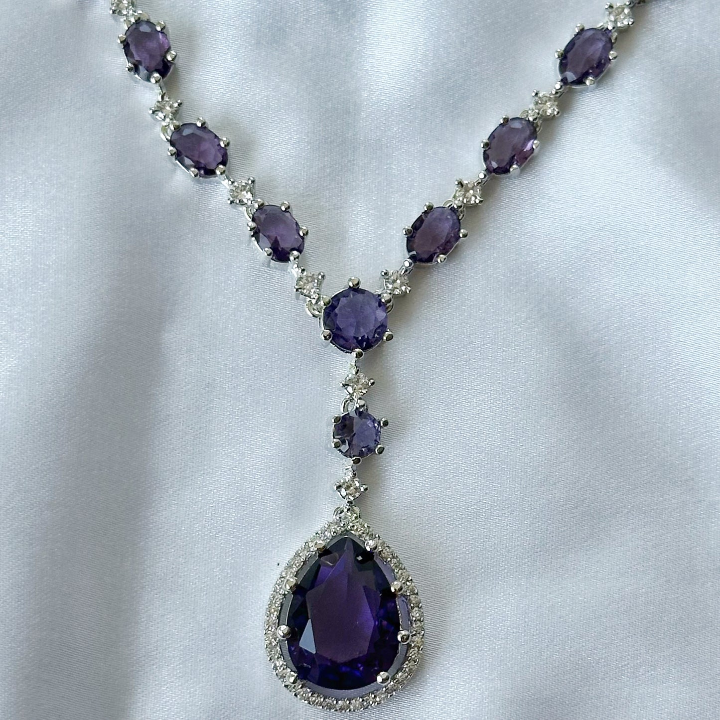 Deep Purple Amethyst Cubic Zircon Stone American Diamond Silver Plated Necklace Set