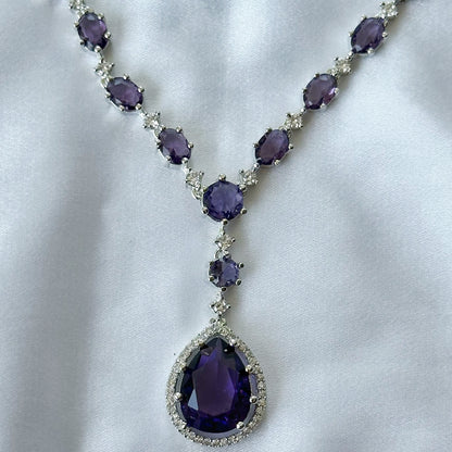 Deep Purple Amethyst Cubic Zircon Stone American Diamond Silver Plated Necklace Set