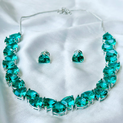 Ariva Collection Sea Green Topaz Cubic Zircon Stones Silver Plated Necklace Set