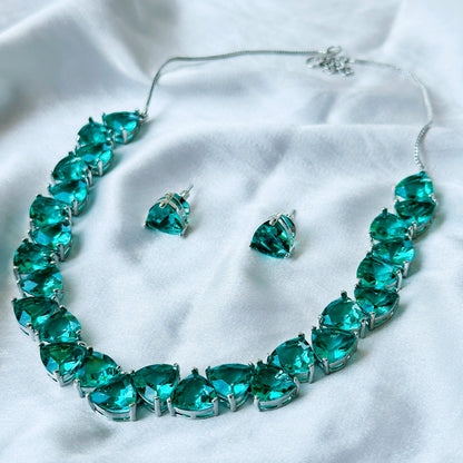 Ariva Collection Sea Green Topaz Cubic Zircon Stones Silver Plated Necklace Set