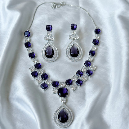 Deep Purple Amethyst Cubic Zircon Stone American Diamond Silver Plated Necklace Set