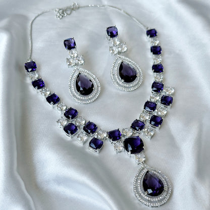 Deep Purple Amethyst Cubic Zircon Stone American Diamond Silver Plated Necklace Set