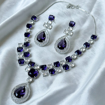 Deep Purple Amethyst Cubic Zircon Stone American Diamond Silver Plated Necklace Set