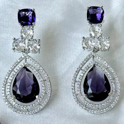 Deep Purple Amethyst Cubic Zircon Stone American Diamond Silver Plated Necklace Set