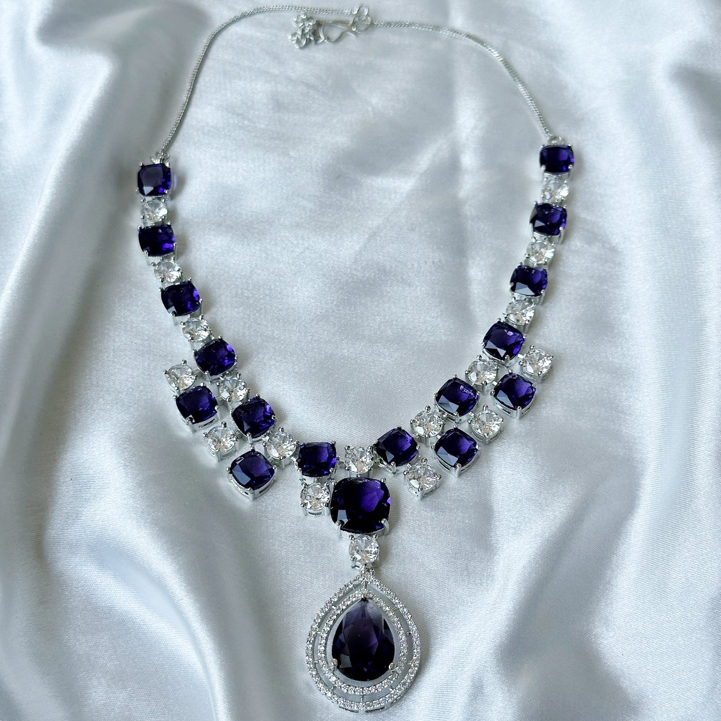 Deep Purple Amethyst Cubic Zircon Stone American Diamond Silver Plated Necklace Set