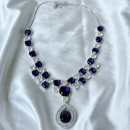 Deep Purple Amethyst Cubic Zircon Stone American Diamond Silver Plated Necklace Set