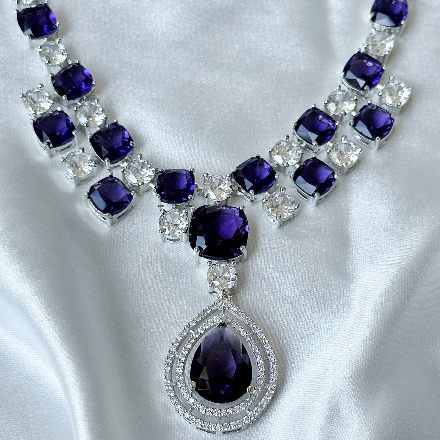 Deep Purple Amethyst Cubic Zircon Stone American Diamond Silver Plated Necklace Set