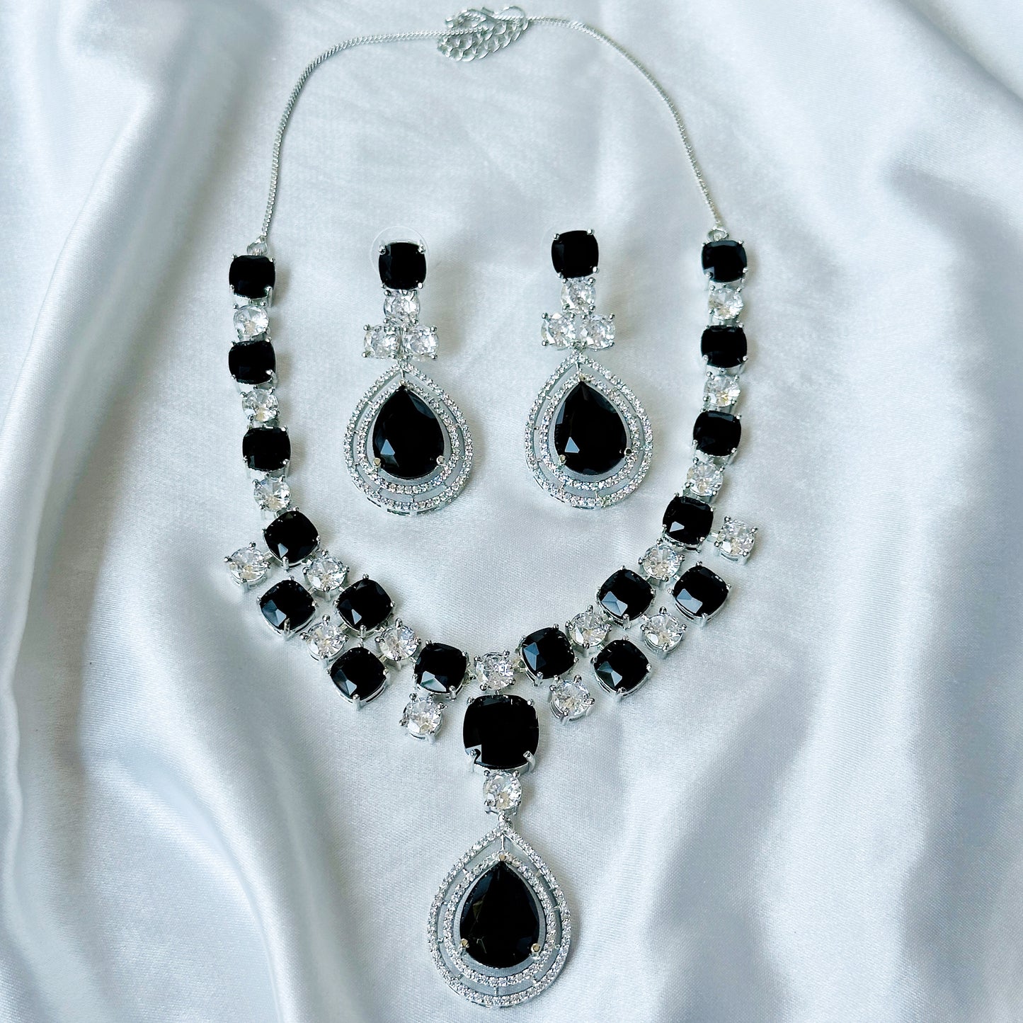 Black Cubic Zircon Stone American Diamond Silver Plated Necklace Set