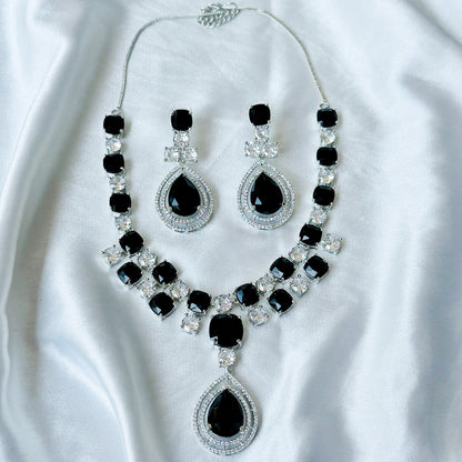 Black Cubic Zircon Stone American Diamond Silver Plated Necklace Set