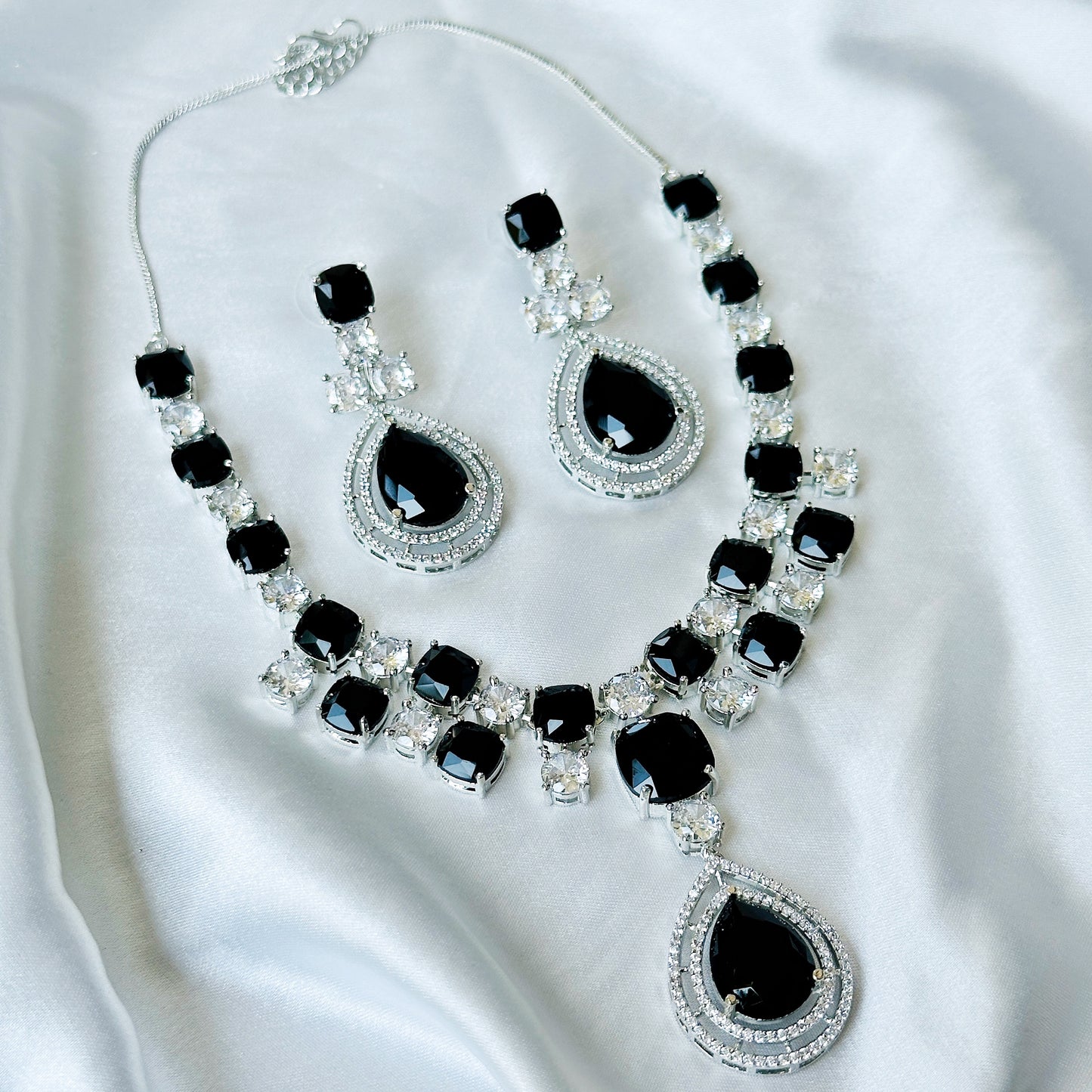 Black Cubic Zircon Stone American Diamond Silver Plated Necklace Set