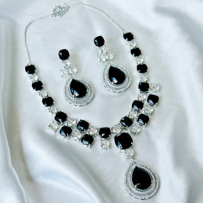Black Cubic Zircon Stone American Diamond Silver Plated Necklace Set