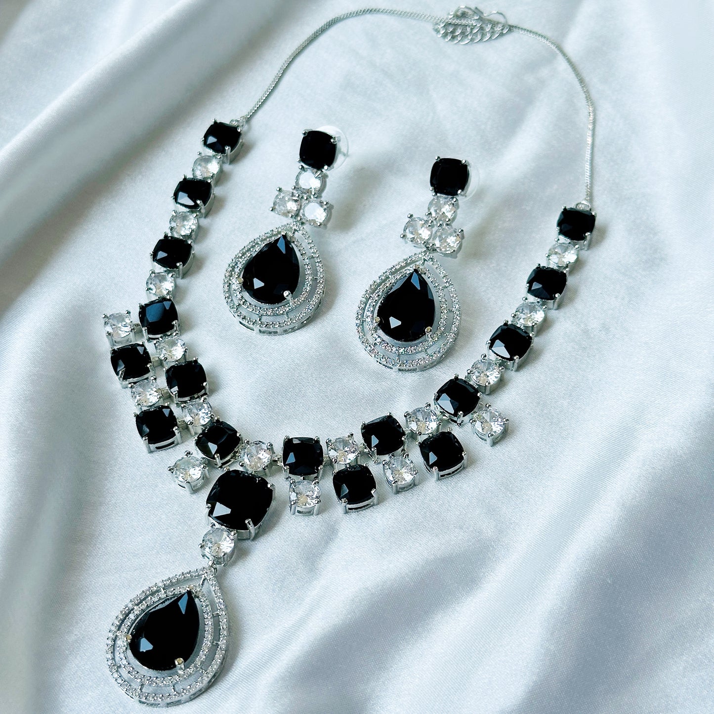 Black Cubic Zircon Stone American Diamond Silver Plated Necklace Set