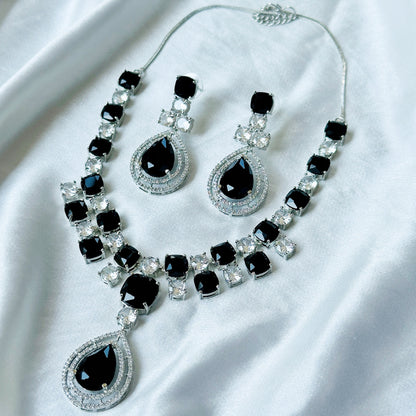 Black Cubic Zircon Stone American Diamond Silver Plated Necklace Set