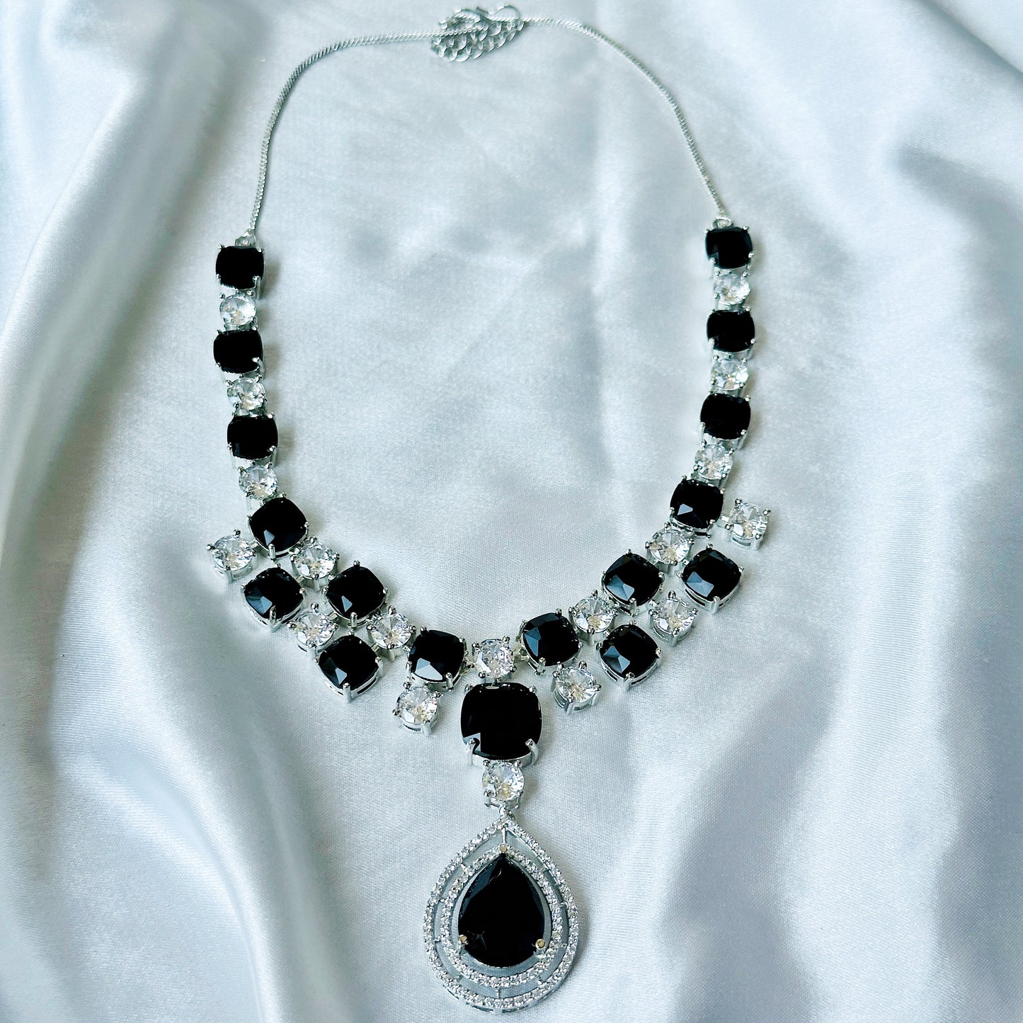 Black Cubic Zircon Stone American Diamond Silver Plated Necklace Set