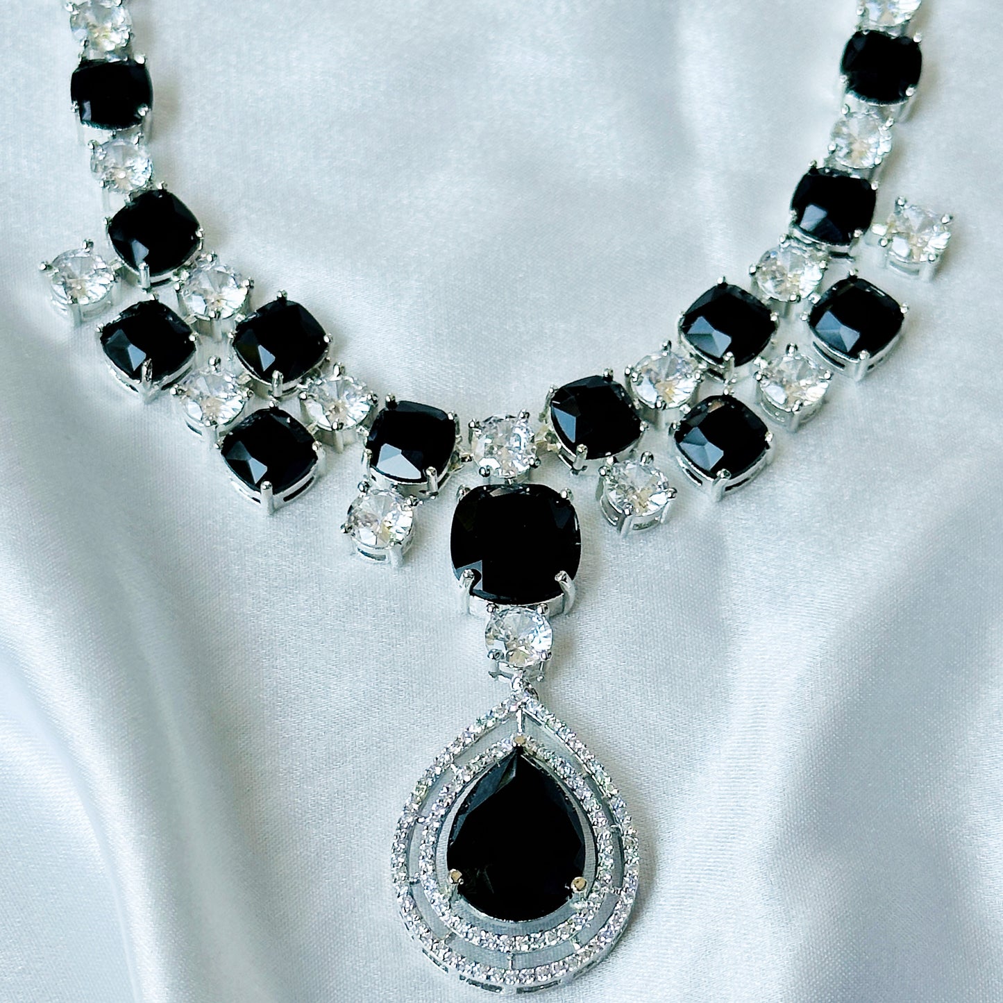 Black Cubic Zircon Stone American Diamond Silver Plated Necklace Set